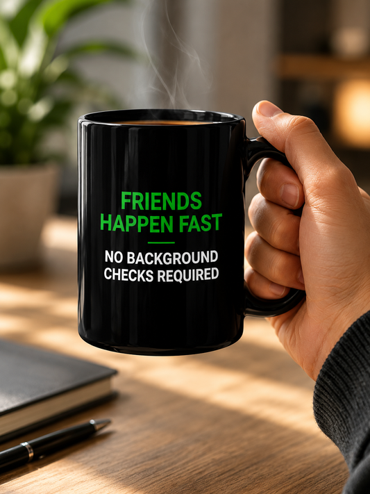 Friends Happen Fast No Background Checks Required Mug | Funny Friendship Coffee Cup | Best Friend Gift - PTA020M
