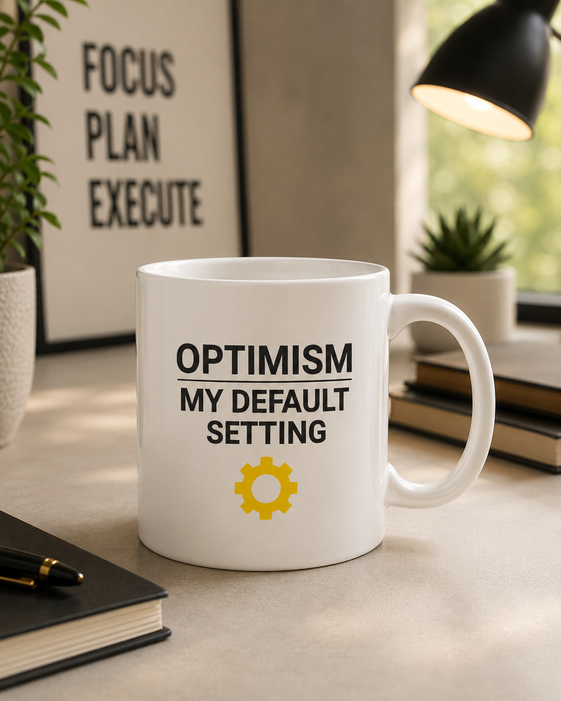 Optimism My Default Setting Mug | Motivational Quote Coffee Cup | Positive Mindset Ceramic Mug for Work & Office- PTA003M