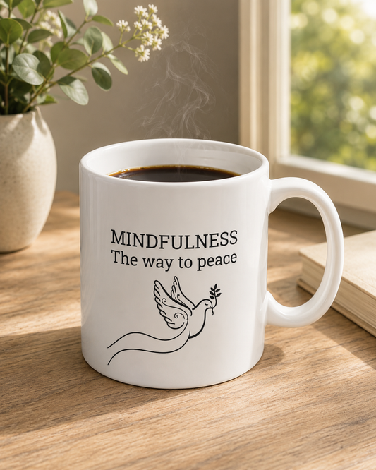 Mindfulness The Way to Peace Mug | Inspirational Quote Coffee Mug | Dove Line Art Ceramic Tea Cup Gift - PTA023M