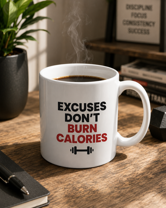 Excuses Don’t Burn Calories Mug | Funny Gym Motivation Quote Coffee Cup | Fitness Workout Ceramic Mug - PTA025M
