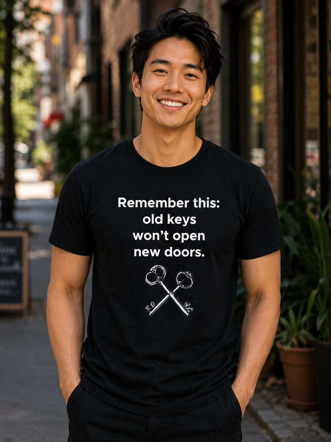 Statement Quote T-Shirt | Old Keys Won’t Open New Doors | Minimal Graphic Tee - PTA038T_D