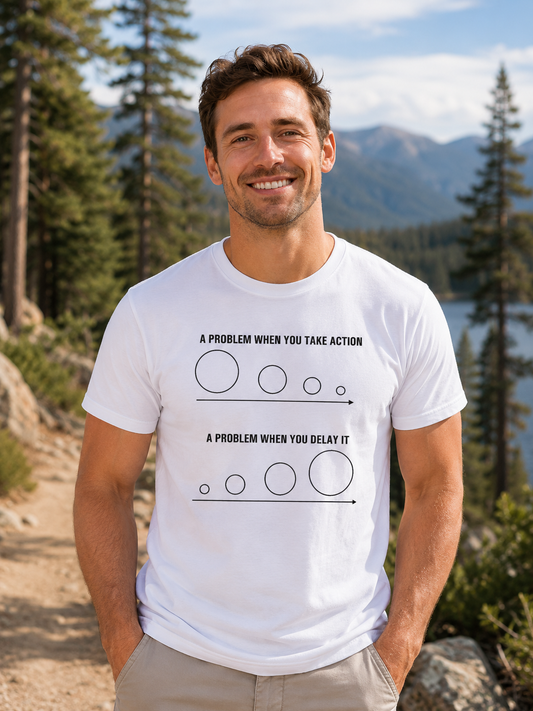 Productivity Quote T-Shirt | Action vs Delay | Minimal Inspirational Graphic Tee - PTA039T
