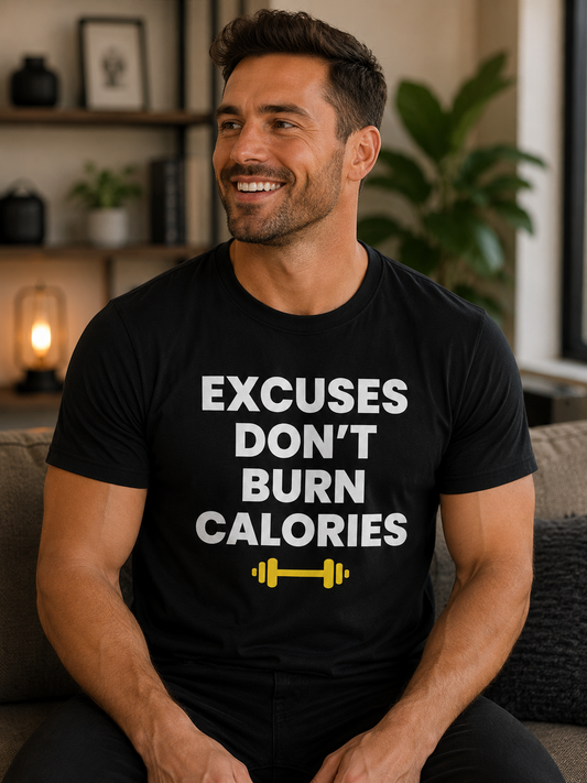 Excuses Don’t Burn Calories T-Shirt | Funny Gym Motivation Quote Tee | Workout Fitness Graphic Shirt - PTA025T