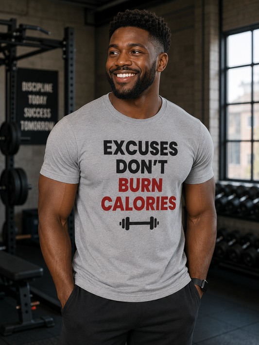 Excuses Don’t Burn Calories T-Shirt | Funny Gym Motivation Quote Graphic Tee | Fitness Workout Unisex T-Shirt - PTA025T